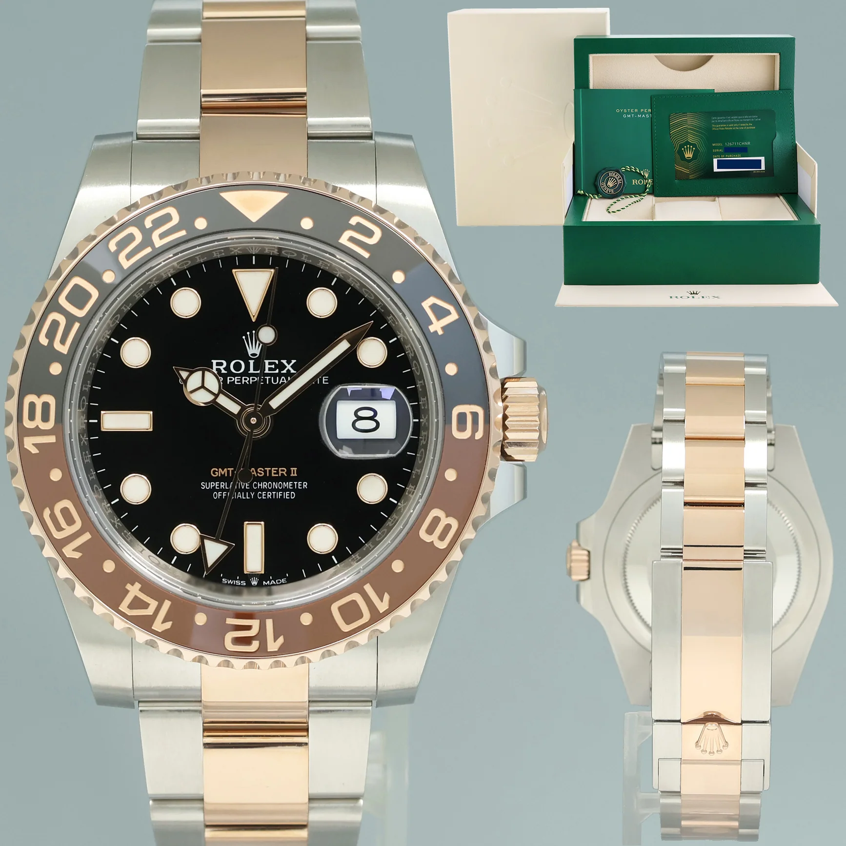2020 NEW PAPERS Rolex GMT Master II Root Beer Rose Gold 126711 CHNR Watch Box
