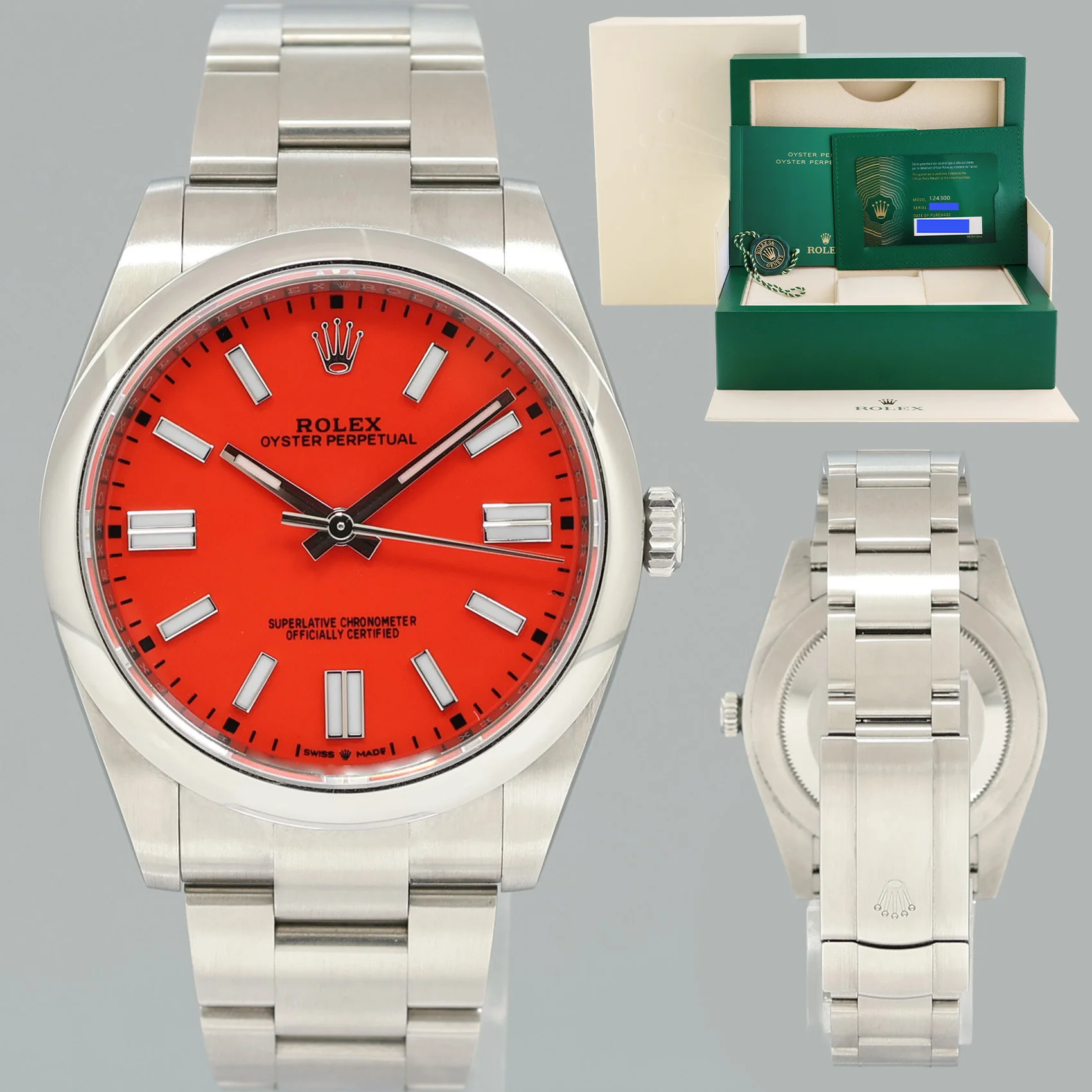 PAPERS 2022 MINT Rolex Oyster Perpetual 41mm Custom Red Coral Oyster 124300 Watch