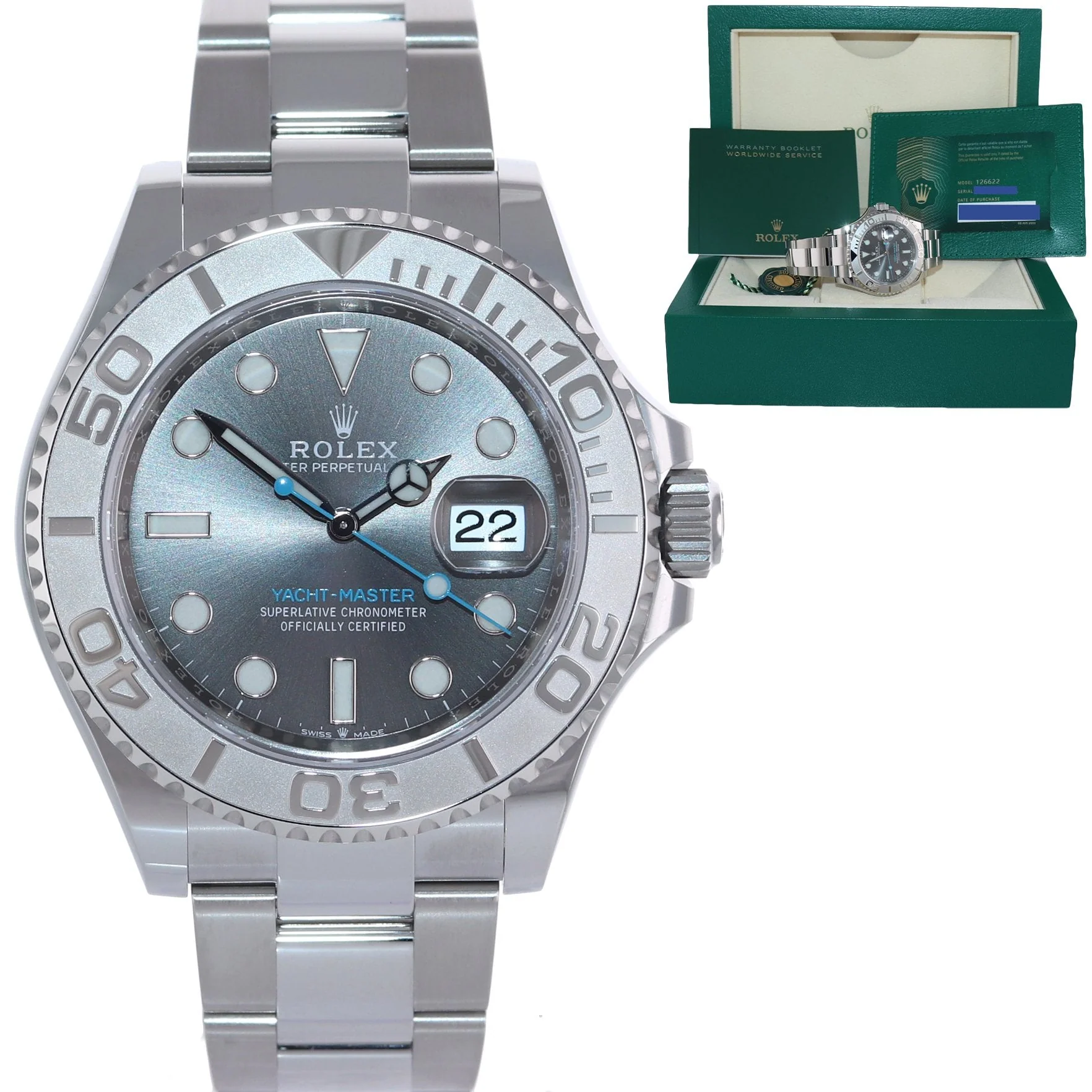 2022 NEW PAPERS Rolex 126622 Yacht-Master Steel Platinum Rhodium Blue Watch Box