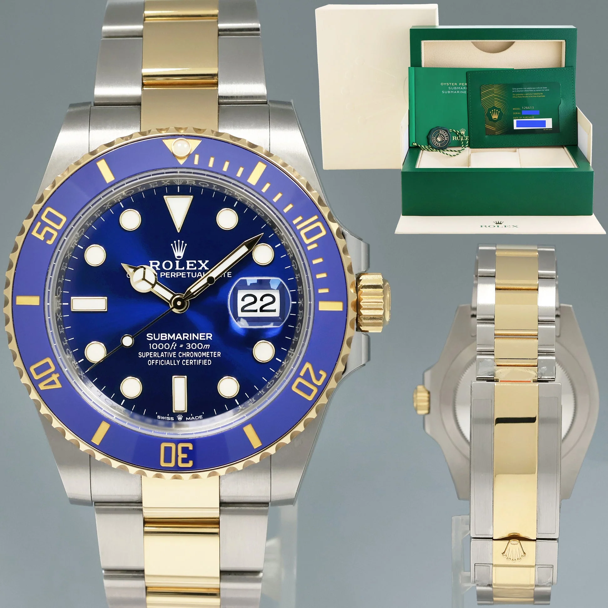 2022 NEW PAPERS Rolex Submariner 41mm Blue 126613LB Two Tone Yellow Gold Watch Box