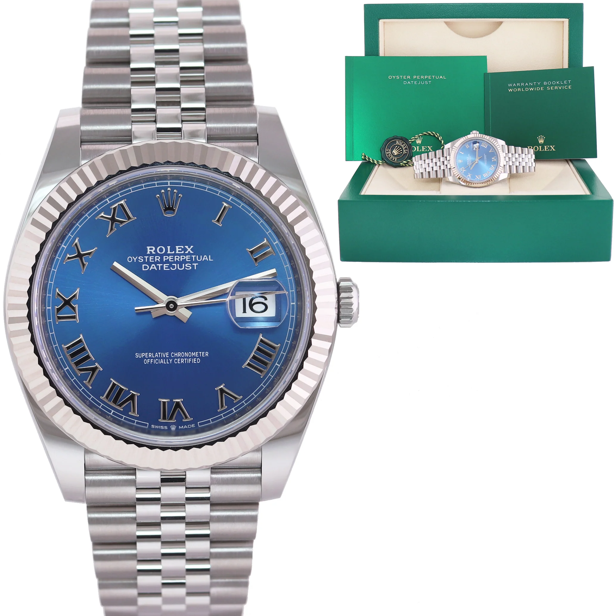 2022 MINT Rolex DateJust 41 41mm Blue Roman Jubilee Fluted 126334 Watch Box