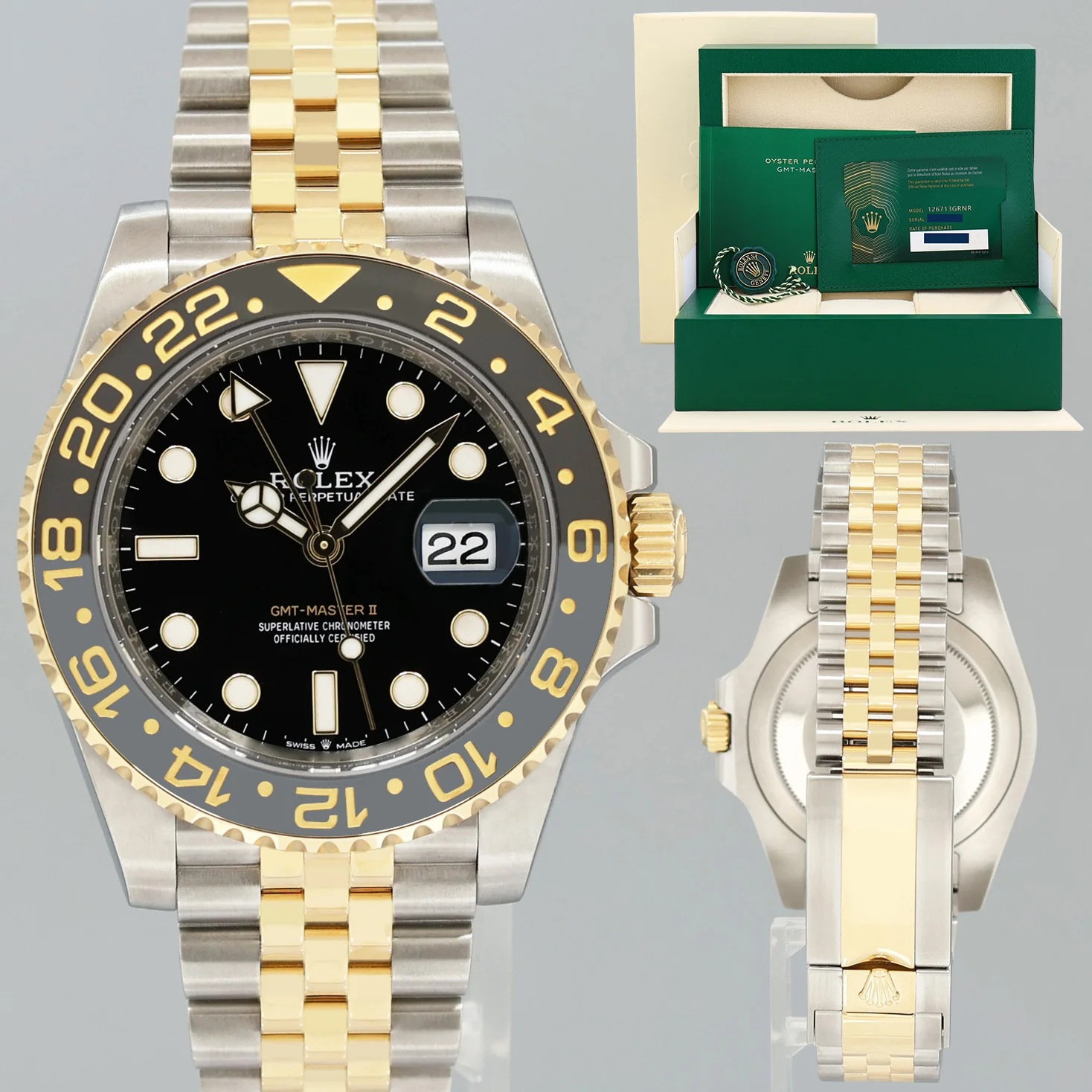 2024 NEW PAPERS Rolex GMT Master Gold Two Tone Jubilee Black 126713GRNR Watch Box