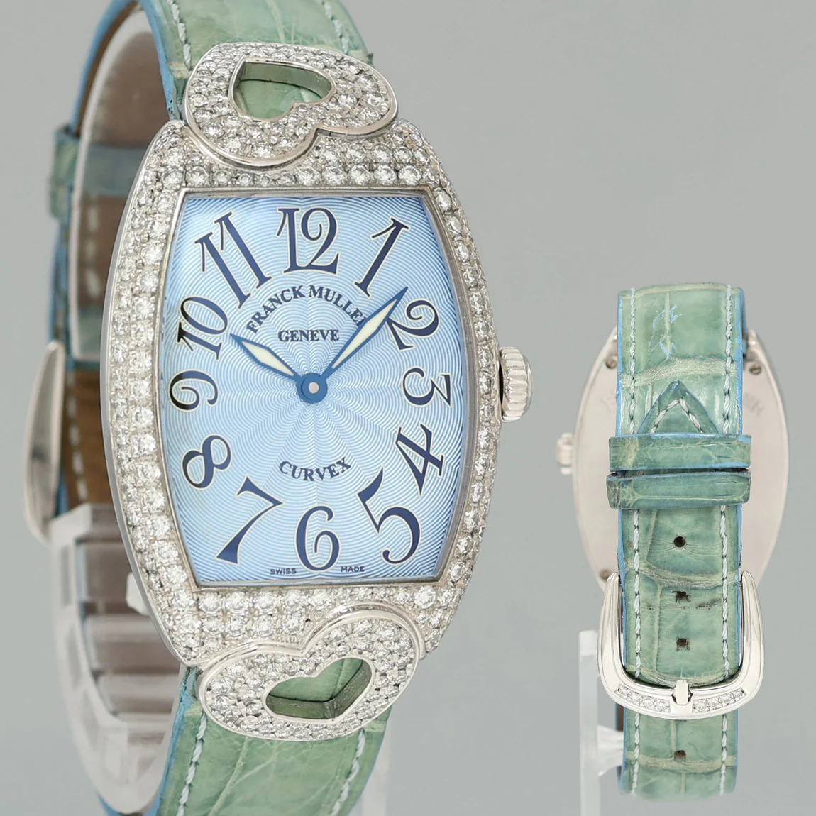 Ladies Franck Muller 18k White Gold Diamond Blue Dial Heart Design Leather Band Watch