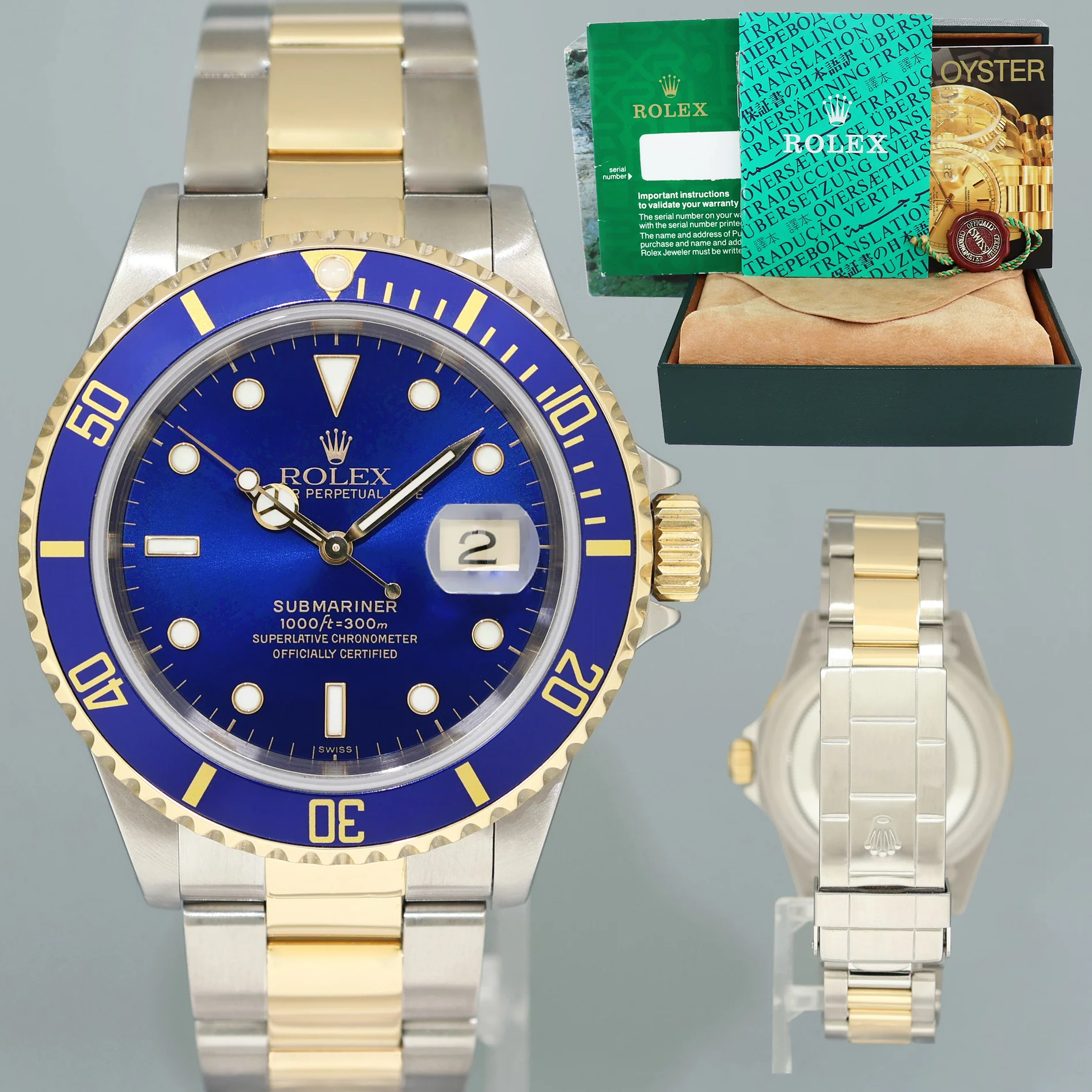 MINT 1999 Rolex Submariner 16613 LB Gold Steel Two Tone Gold Sunburst Blue Watch