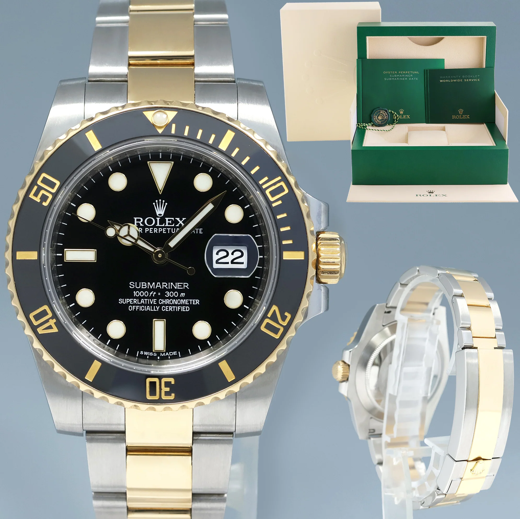 MINT 2016 Rolex Submariner 116613LN Two Tone Steel Yellow Gold Black Ceramic Watch