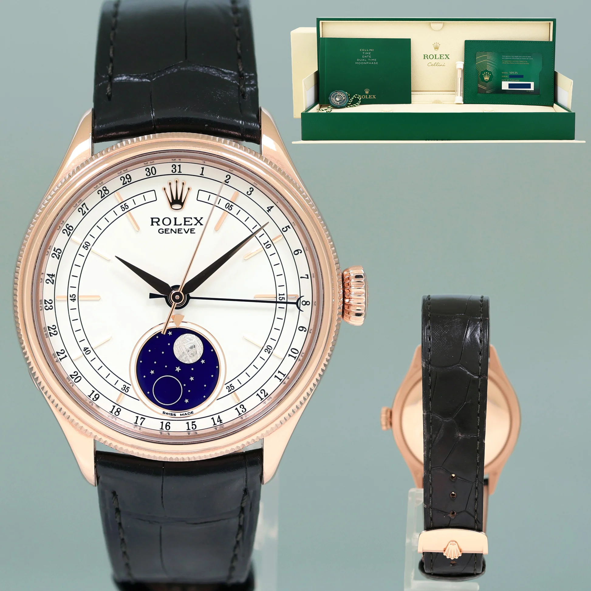 MINT 2020 PAPERS Rolex Cellini Moonphase White Rose Gold 39mm Leather 50535 Watch