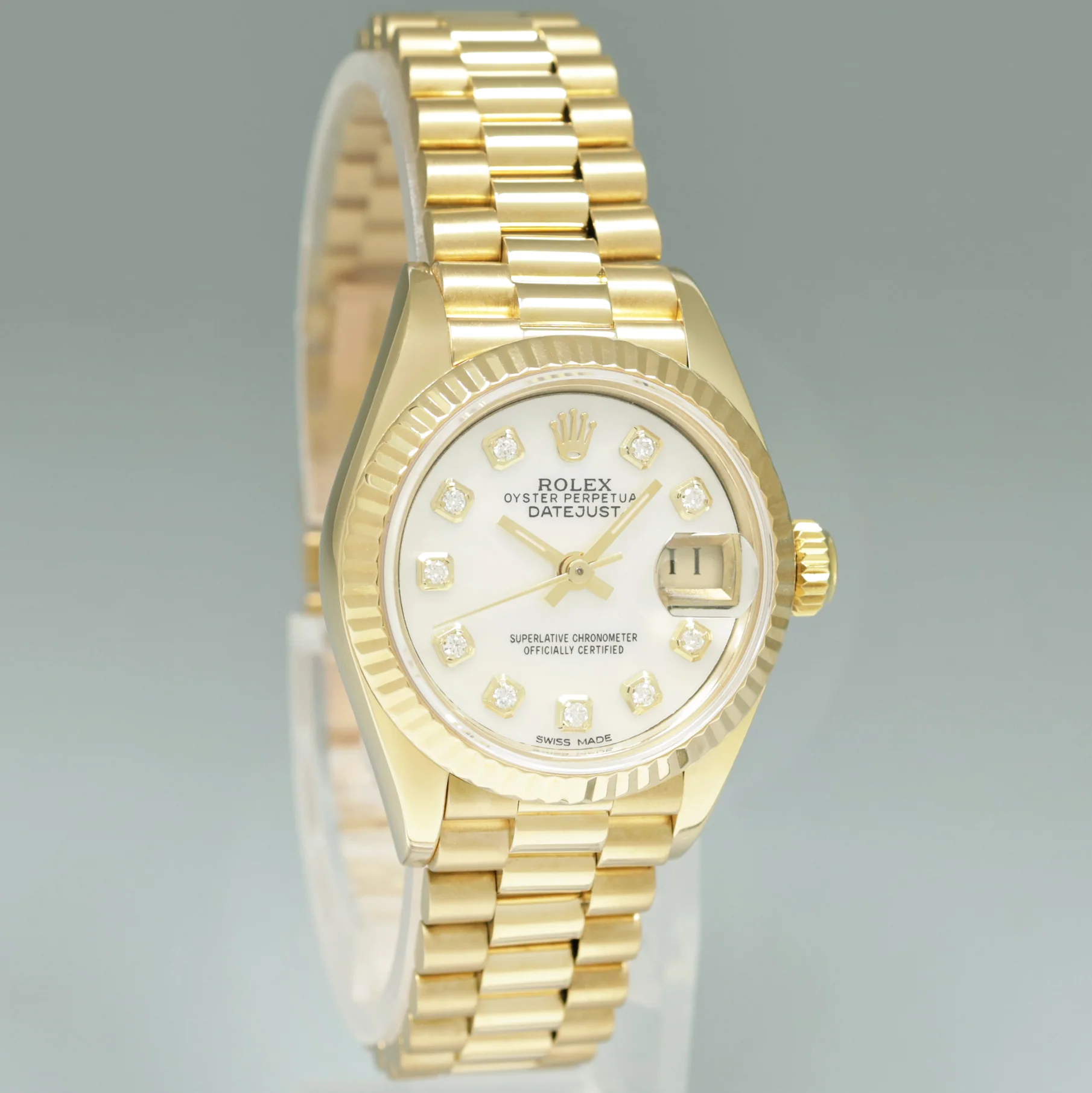 MINT 69178 Pearl Diamond Ladies Rolex DateJust President 26mm Yellow Gold Watch - Image 3