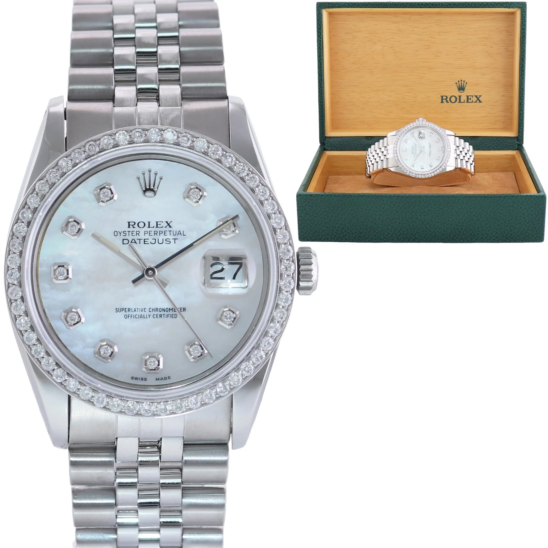 MINT DIAMOND Bezel Rolex DateJust 36mm Mother of Pearl 16234 Steel Watch Box