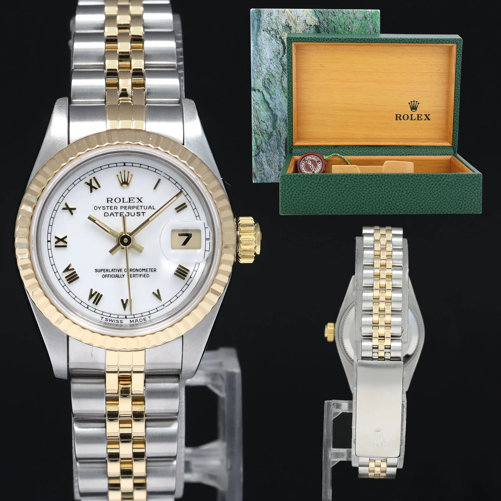 MINT Ladies Rolex DateJust 26mm 69173 White Roman Two Tone Yellow Gold Jubilee Watch