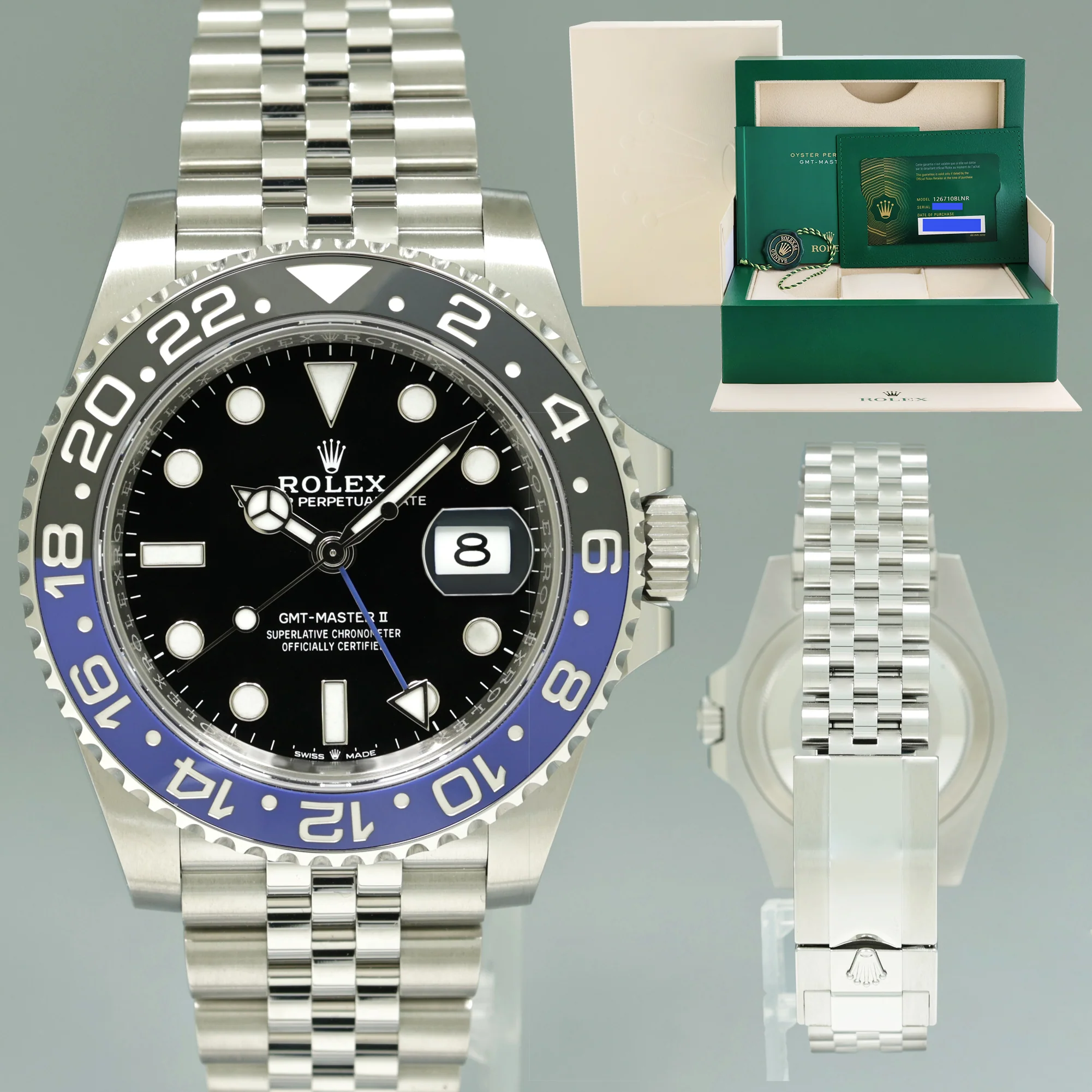 NEW PAPERS Rolex GMT Master II Batman Blue Jubilee 126710 BLNR Watch Box