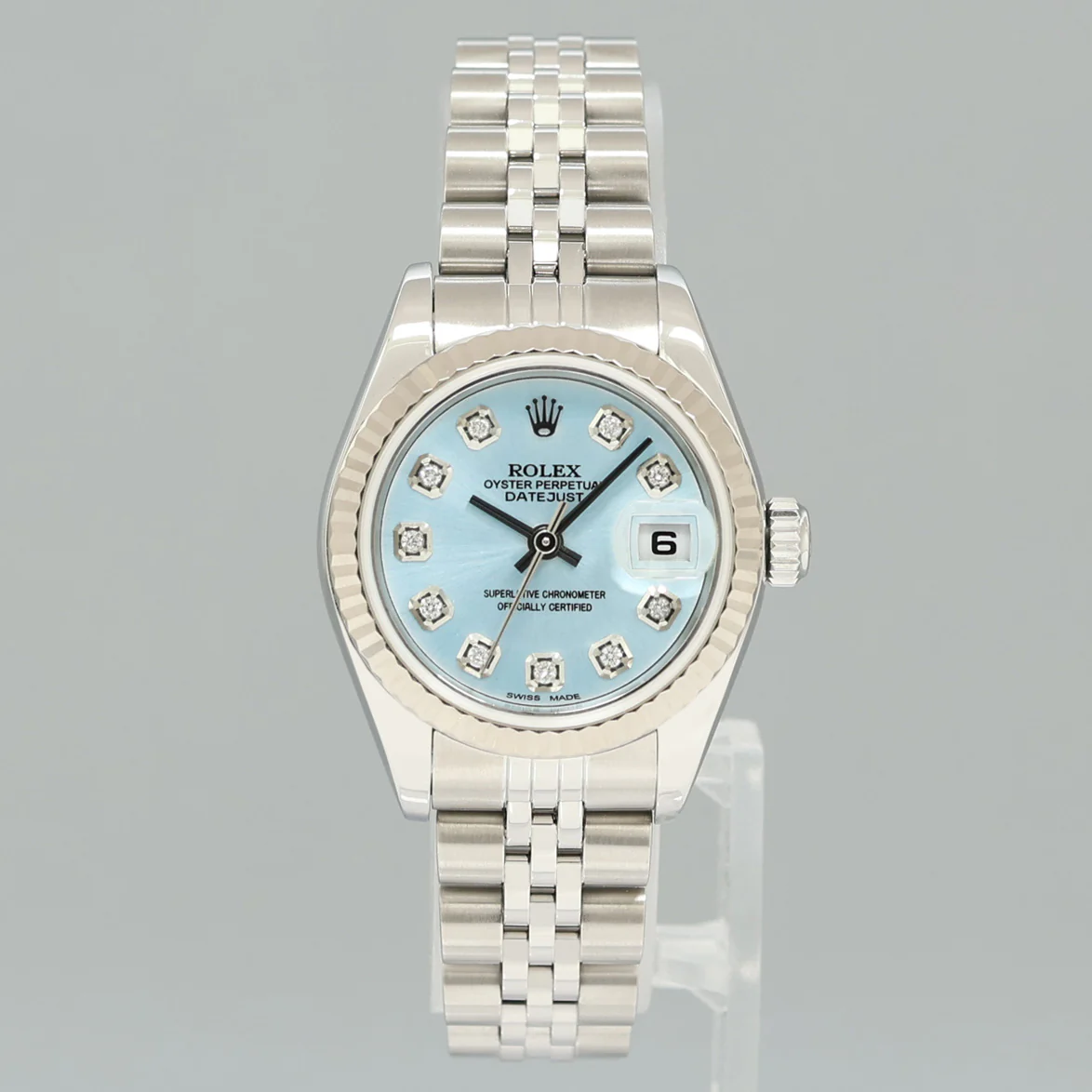 PAPERS Ladies Rolex 69174 DateJust 26mm Glacier Blue Diamond Fluted Bezel Jubilee Watch - Image 2