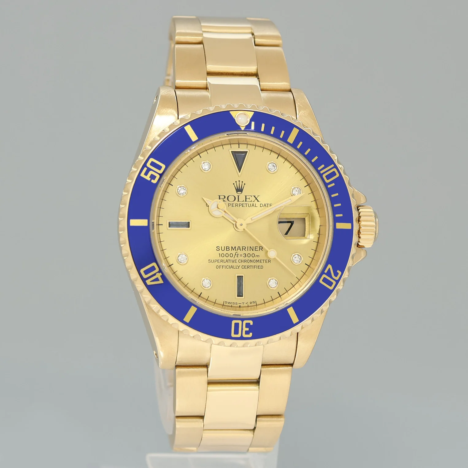 2026 Service Rolex 16618 Submariner Yellow Gold Blue Champagne Serti Diamond Watch - Image 3