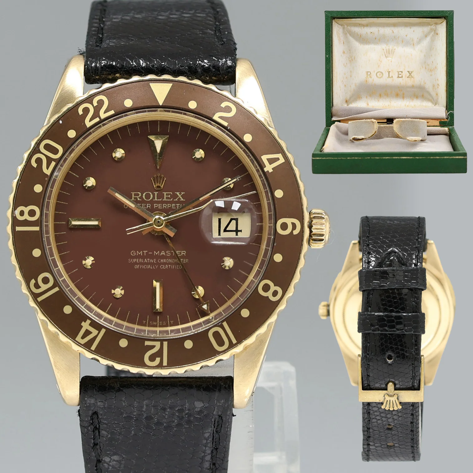 Rolex Root Beer 1675 NO CROWN GUARD Yellow Gold GMT Brown Nipple Watch